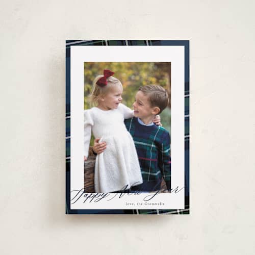 This is a navy petite holiday cards with standard by Cindy Reynolds called yule plaid printing on recycled smooth signature in petite