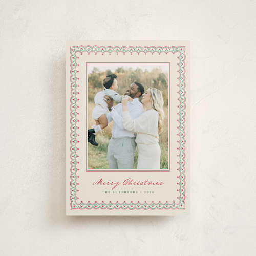 This is a wreath petite holiday cards with standard by letterfix called scallop trim printing on recycled smooth signature in petite