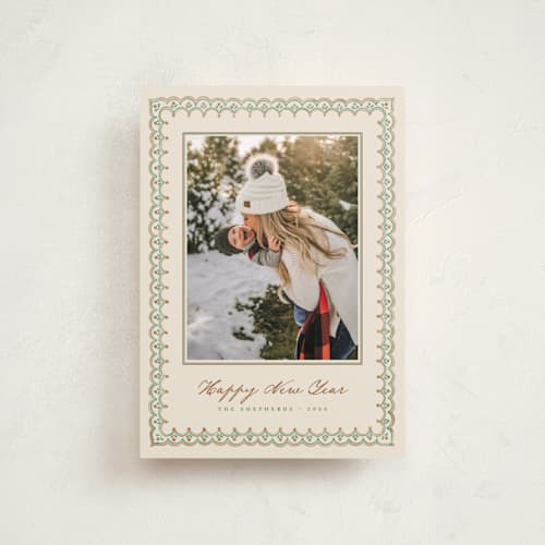 This is a pine petite holiday cards with standard by letterfix called scallop trim printing on recycled smooth signature in petite