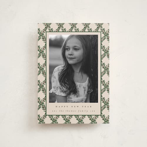 This is a eggnog petite holiday cards with standard by Leah Bisch called holly trellis printing on recycled smooth signature in petite