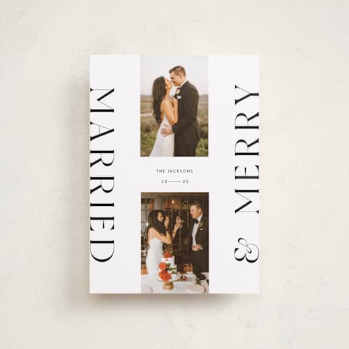 This is a snowflake petite holiday cards with standard by Laura Bercovich called merrily married printing on recycled smooth signature in petite