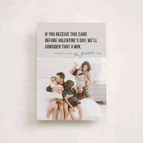This is a denim petite holiday cards with standard by Karen Glenn called new year win printing on recycled smooth signature in petite