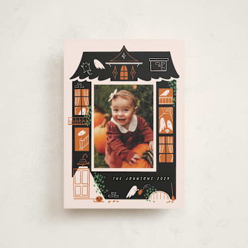This is a pumpkin halloween party invitations cards with standard by Grae called ghost house printing on recycled smooth signature in petite