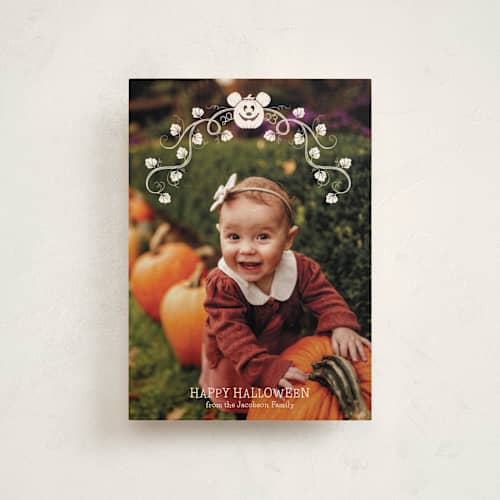 This is a cream halloween party invitations cards with standard by Susan Varghese called disney's mickey mouse halloween pumpkin printing on recycled smooth signature in petite
