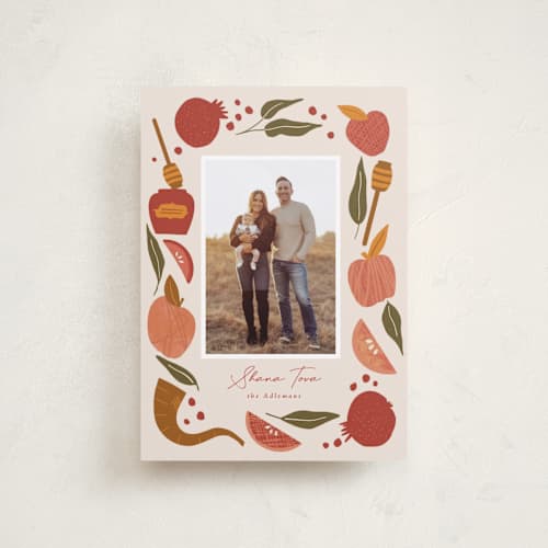 This is a pomegranate rosh hashanah cards with standard by Corinne Malesic called plentiful border printing on recycled smooth signature in petite