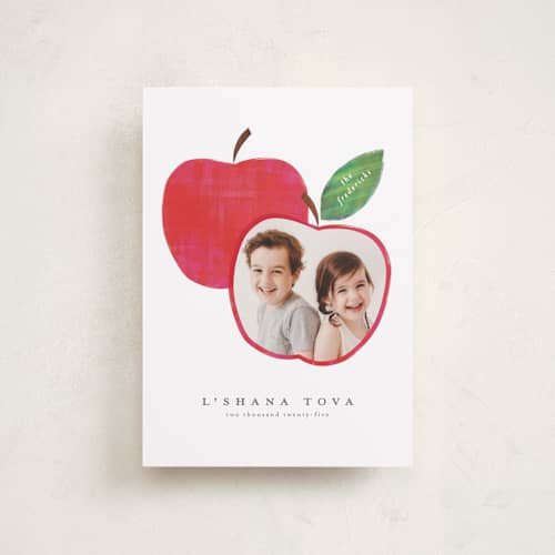 This is a honeycrisp rosh hashanah cards with standard by Jackie Crawford called shana tova apple printing on recycled smooth signature in petite