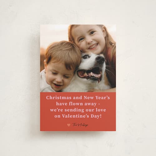 This is a persimmon valentines day with standard by Deborah Chou called flown away printing on recycled smooth signature in petite
