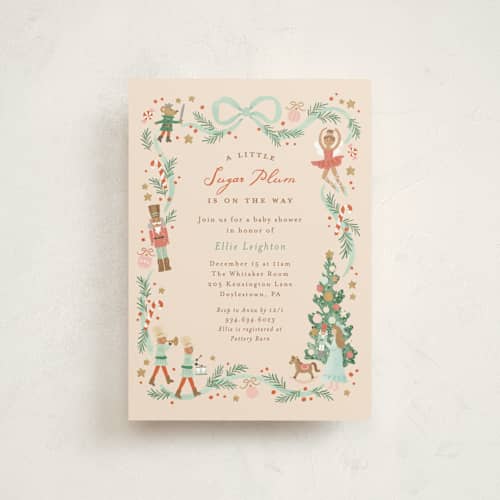 This is a cream baby shower postcards with standard by Jennifer Wick called little sugar plum printing on signature in postcard
