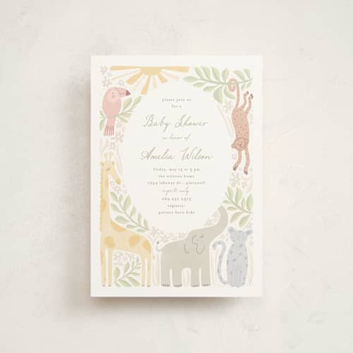 This is a jungle baby shower postcards with standard by Pixel and Hank called littlest friends printing on signature in postcard