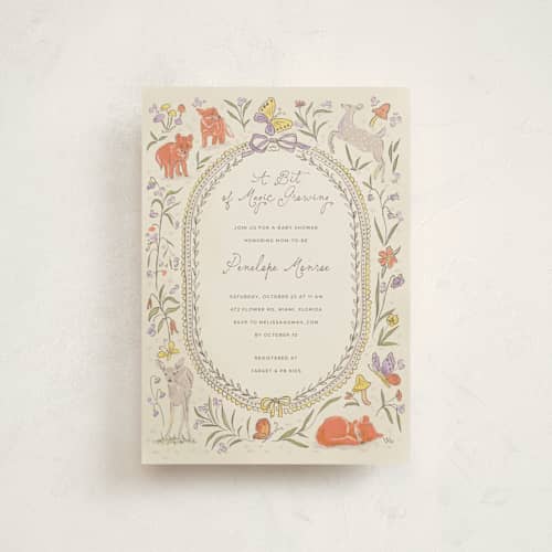 This is a linen baby shower postcards with standard by Vera Lim called woodland magic printing on signature in postcard