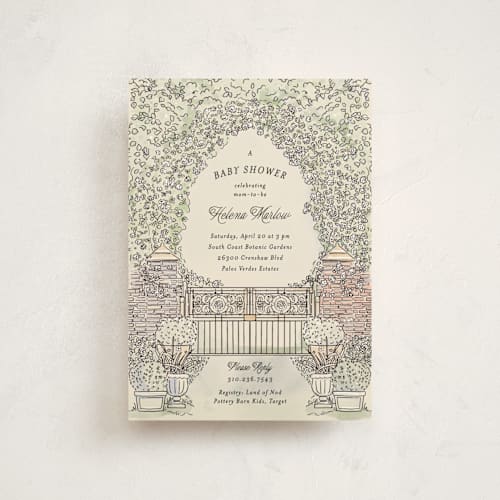 This is a ivory baby shower postcards with standard by Becky Nimoy called garden brick gate printing on signature in postcard