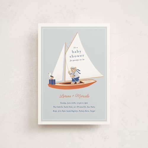 This is a sky baby shower postcards with standard by Becky Nimoy called sailor bear printing on signature in postcard