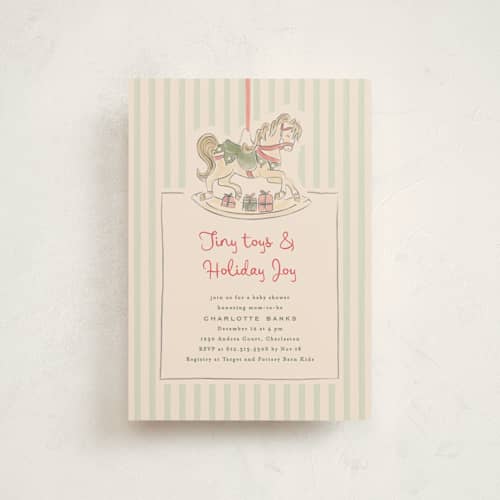 This is a peppermint baby shower postcards with standard by Creo Study called toys and joy printing on signature in postcard