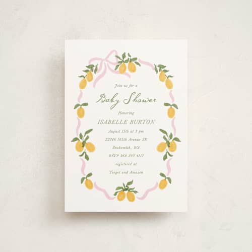 This is a pink lemonade baby shower postcards with standard by Angela Garrick called lemon and ribbon printing on signature in postcard