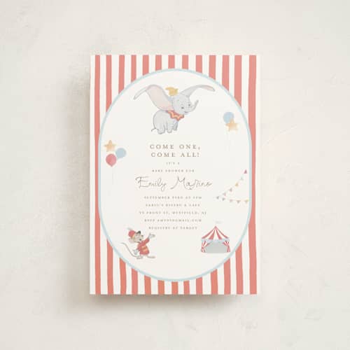 This is a pearl baby shower postcards with standard by Teju Reval called disney's dumbo come one come all printing on signature in postcard