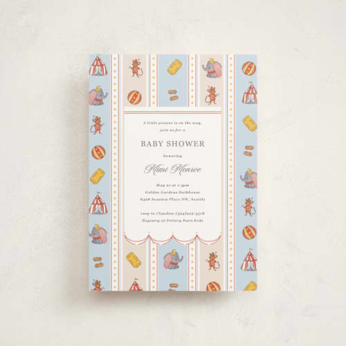 This is a elephant baby shower postcards with standard by Corinne Malesic called disney's dumbo circus printing on signature in postcard