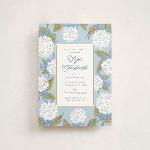 This is a blue bell baby shower postcards with standard by Jackie Crawford called hydrangea bow bouquets printing on signature in postcard