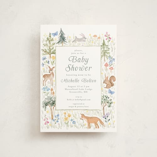 This is a meadow baby shower postcards with standard by Petra Kern called woodland welcome printing on signature in postcard