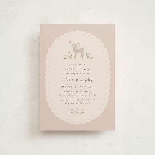 This is a blush baby shower postcards with standard by JeAnna Casper called woodland fawn printing on signature in postcard