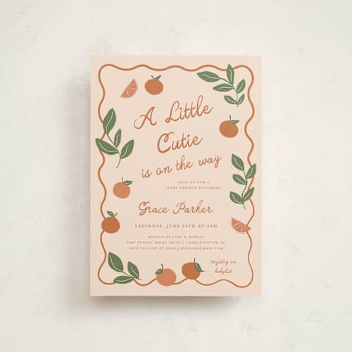 This is a peach baby shower postcards with standard by Kelly Watkins called a little cutie printing on signature in postcard