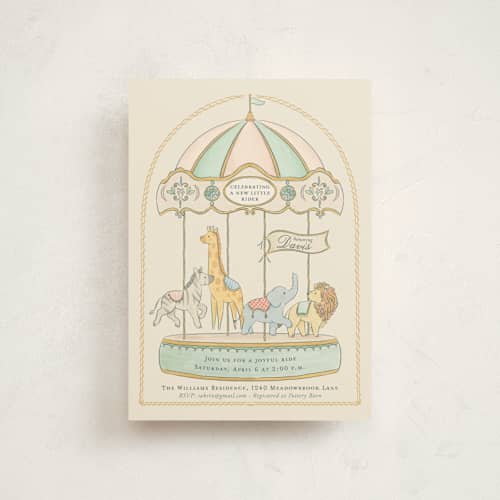 This is a vanilla baby shower postcards with standard by Sabrin Deirani called carousel of sweet beginnings printing on signature in postcard