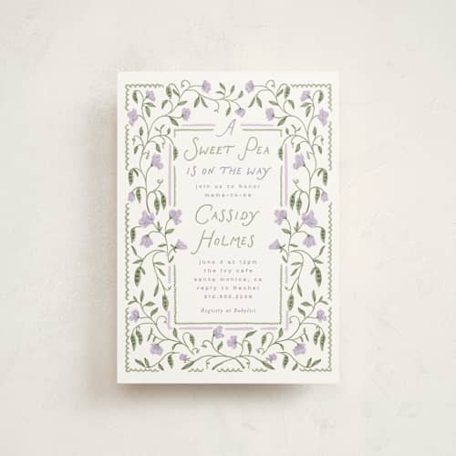 This is a lilac baby shower postcards with standard by Leah Bisch called sweet pea printing on signature in postcard