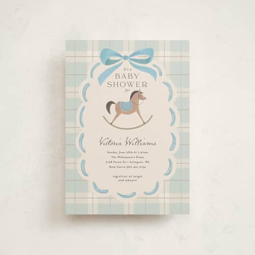 This is a sky baby shower postcards with standard by Karidy Walker called heirloom rocking horse printing on signature in postcard