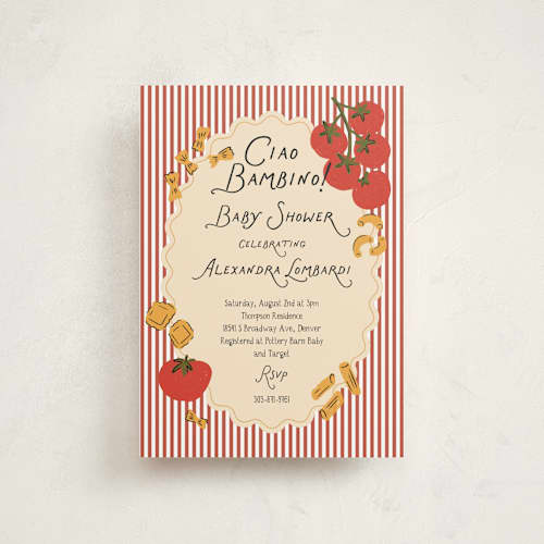 This is a tomato baby shower postcards with standard by Jenna Holcomb called pasta sauce printing on signature in postcard