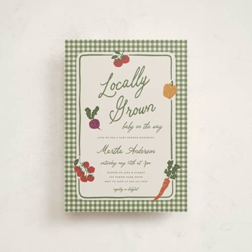 This is a moss baby shower postcards with standard by Kelly Watkins called farmers market printing on signature in postcard