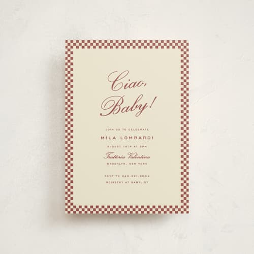 This is a burgundy baby shower postcards with standard by Ellen Schlegelmilch called ciao, baby! printing on signature in postcard