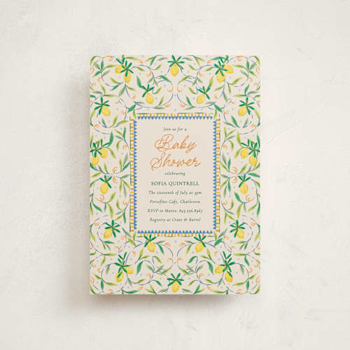 This is a cinque terre baby shower postcards with standard by Jackie Crawford called petit lemon printing on signature in postcard