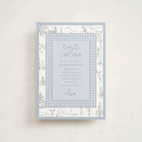 This is a lake baby shower postcards with standard by Teju Reval called winter toile printing on signature in postcard