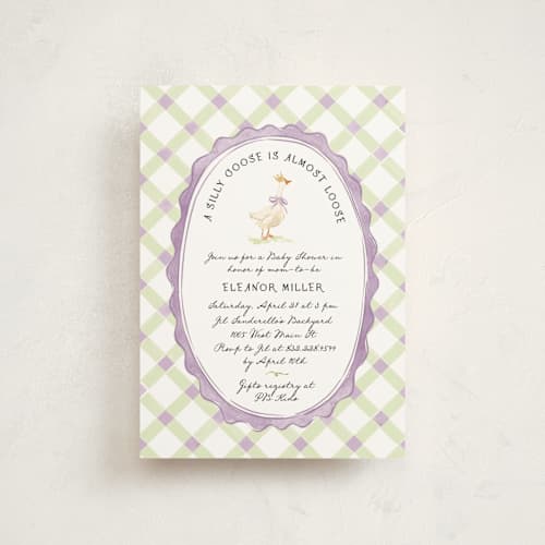 This is a berry baby shower postcards with standard by Pati Cascino called cute goose almost loose printing on signature in postcard