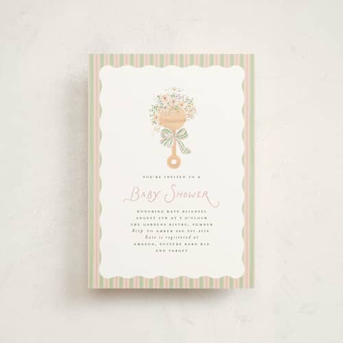 This is a blush baby shower postcards with standard by Itsy Belle Studio called floral rattle printing on signature in postcard