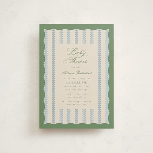 This is a forest baby shower postcards with standard by Jen Owens called wavy stripe printing on signature in postcard