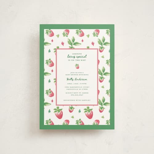This is a strawberry baby shower postcards with standard by Holton Art and Design called someone berry special printing on signature in postcard