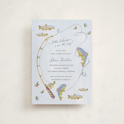 This is a lake baby shower postcards with standard by Sally Dayton called a little fisherman is on the way! printing on signature in postcard
