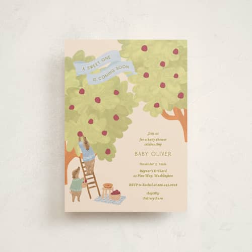 This is a blueberry baby shower postcards with standard by Natalie Rae called apple orchard printing on signature in postcard