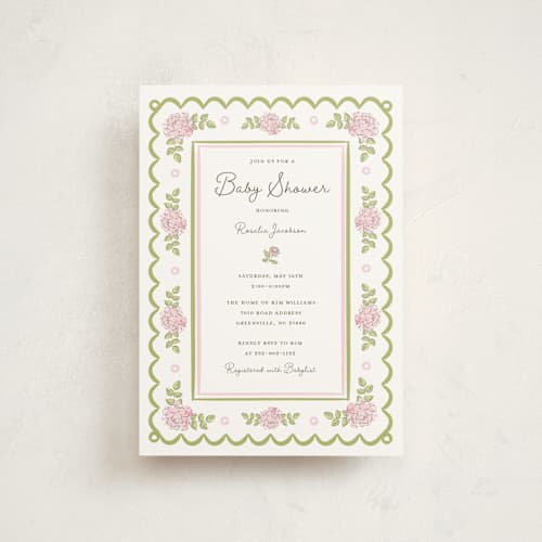 This is a rose baby shower postcards with standard by Holton Art and Design called garden rose doily printing on signature in postcard