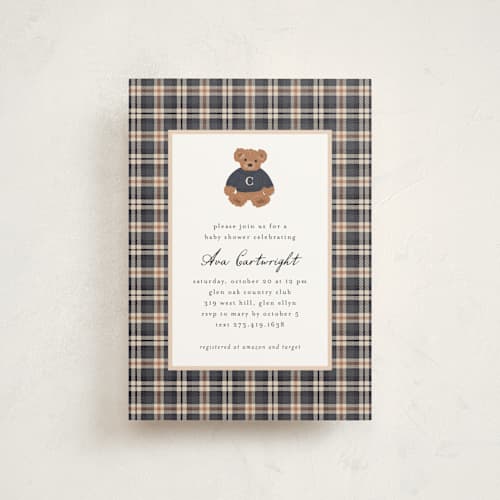 This is a navy baby shower postcards with standard by Erin German called teddy bear monogram printing on signature in postcard