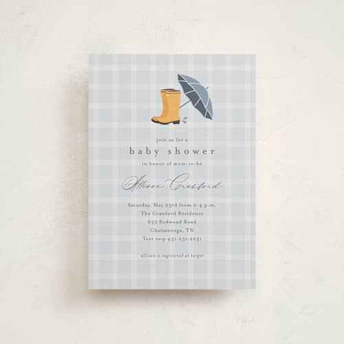 This is a raindrop baby shower postcards with standard by Stacey Meacham called baby wellies printing on signature in postcard