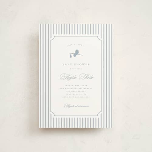 This is a dusty blue baby shower postcards with standard by Stacey Meacham called storybook stork printing on signature in postcard