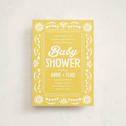 This is a marigold baby shower postcards with standard by Jessie Steury called pretty picado printing on signature in postcard