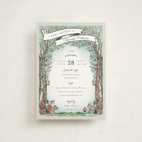 This is a mint baby shower postcards with standard by Becky Nimoy called victorian forest scene printing on signature in postcard