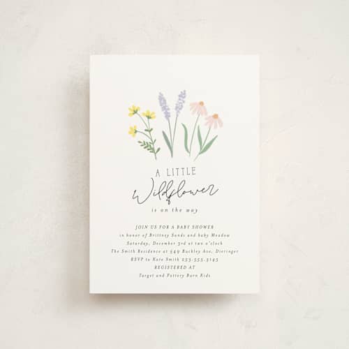 This is a pastel baby shower postcards with standard by Itsy Belle Studio called she's a wildflower printing on signature in postcard