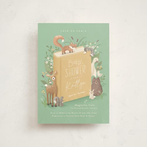 This is a mint baby shower postcards with standard by Jennifer Wick called storybook printing on signature in postcard