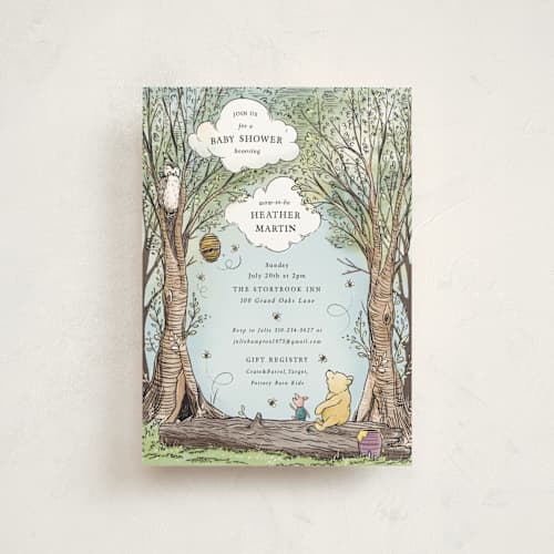 This is a sky baby shower postcards with standard by Becky Nimoy called disney's winnie the pooh in the wood printing on signature in postcard