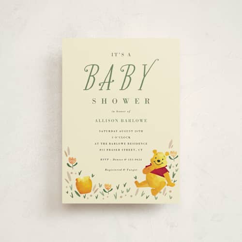 This is a honey baby shower postcards with standard by Oma N. Ramkhelawan called disney's winnie the pooh garden printing on signature in postcard