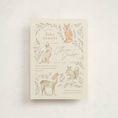 This is a ginger baby shower postcards with standard by Creo Study called vintage woodland printing on signature in postcard