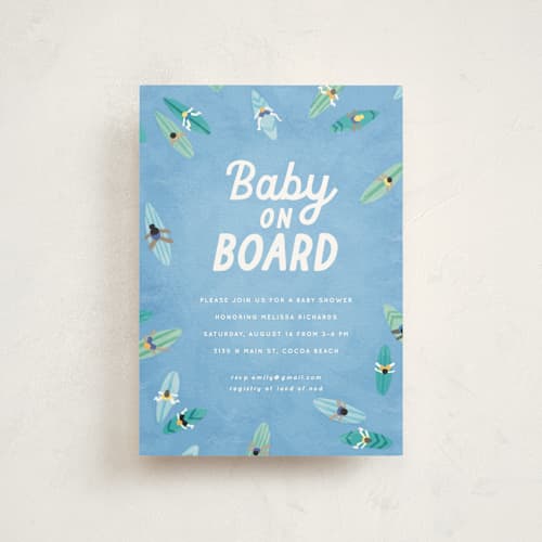 This is a aqua baby shower postcards with standard by Jessie Steury called baby on board printing on signature in postcard